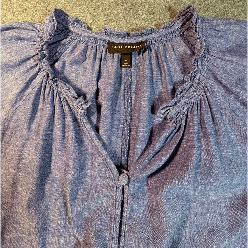 Lane Bryant Blue Chambray Tie Front Ruffle Neck Button Down Top Womens Plus 18 - Picture 3 of 13